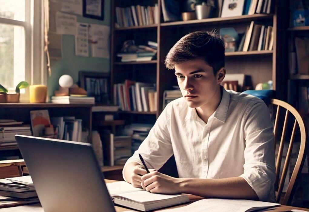 a man sitting at a desk with a laptop and a book