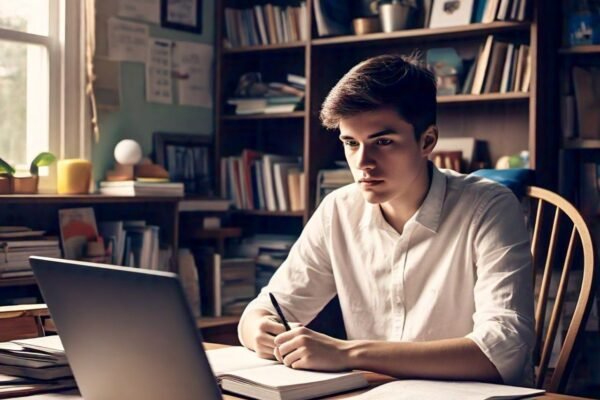 a man sitting at a desk with a laptop and a book