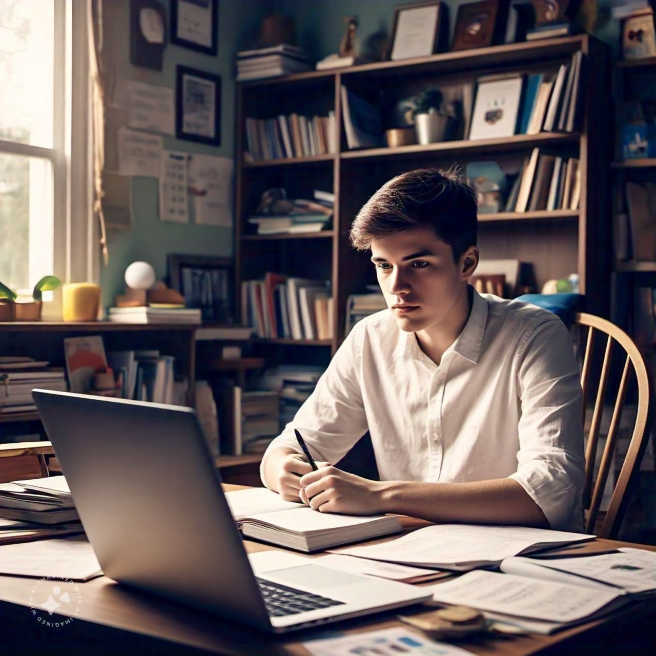 a man sitting at a desk with a laptop and a book